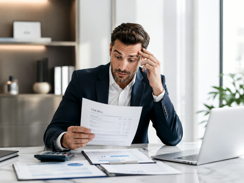 Stressed business owner reading a surprise tax bill at his desk