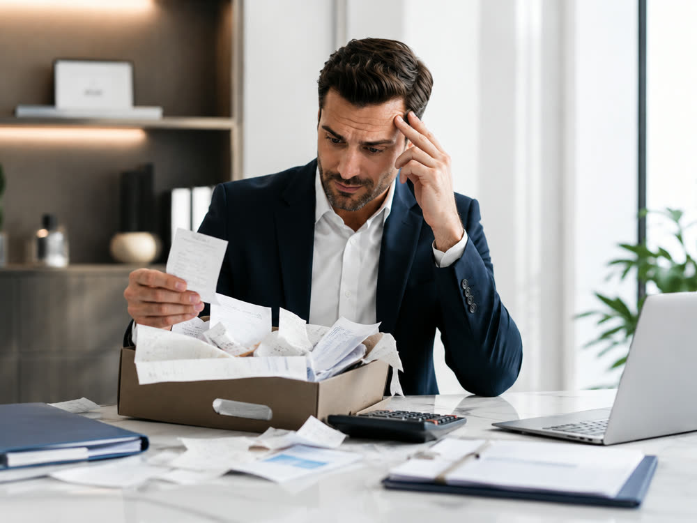 Business owner sorting through a shoebox of receipts
