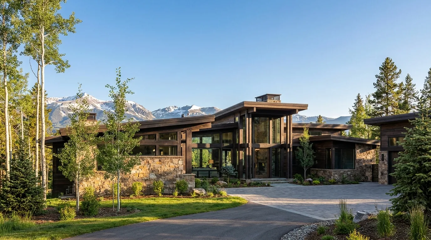 Modern mountain-style custom home exterior with dramatic snow-capped mountain backdrop