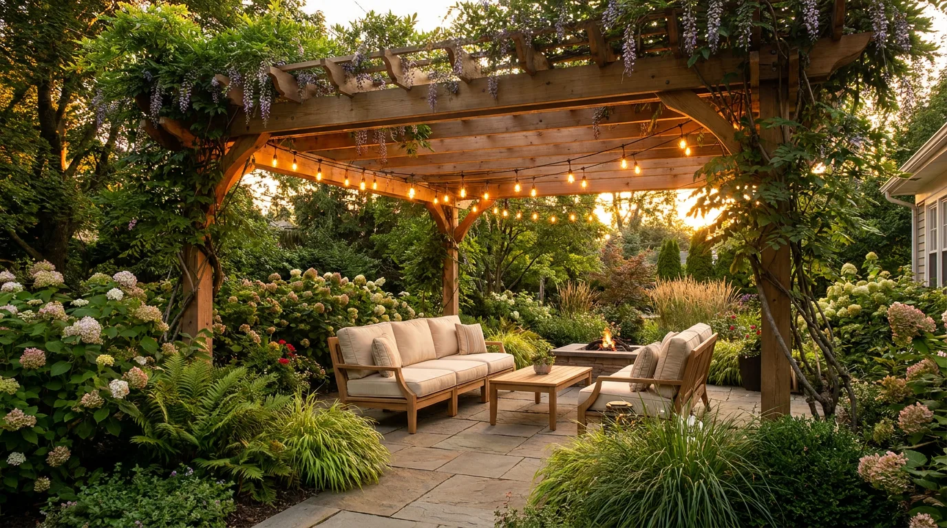 Wooden pergola style inspiration with string lights and wisteria over a stone patio