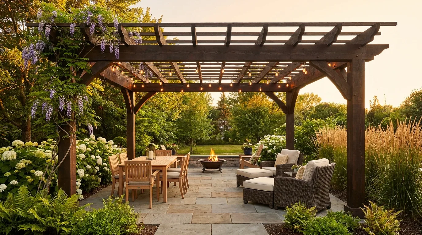 Dark wood pergola style inspiration over a stone patio with dining table and fire pit