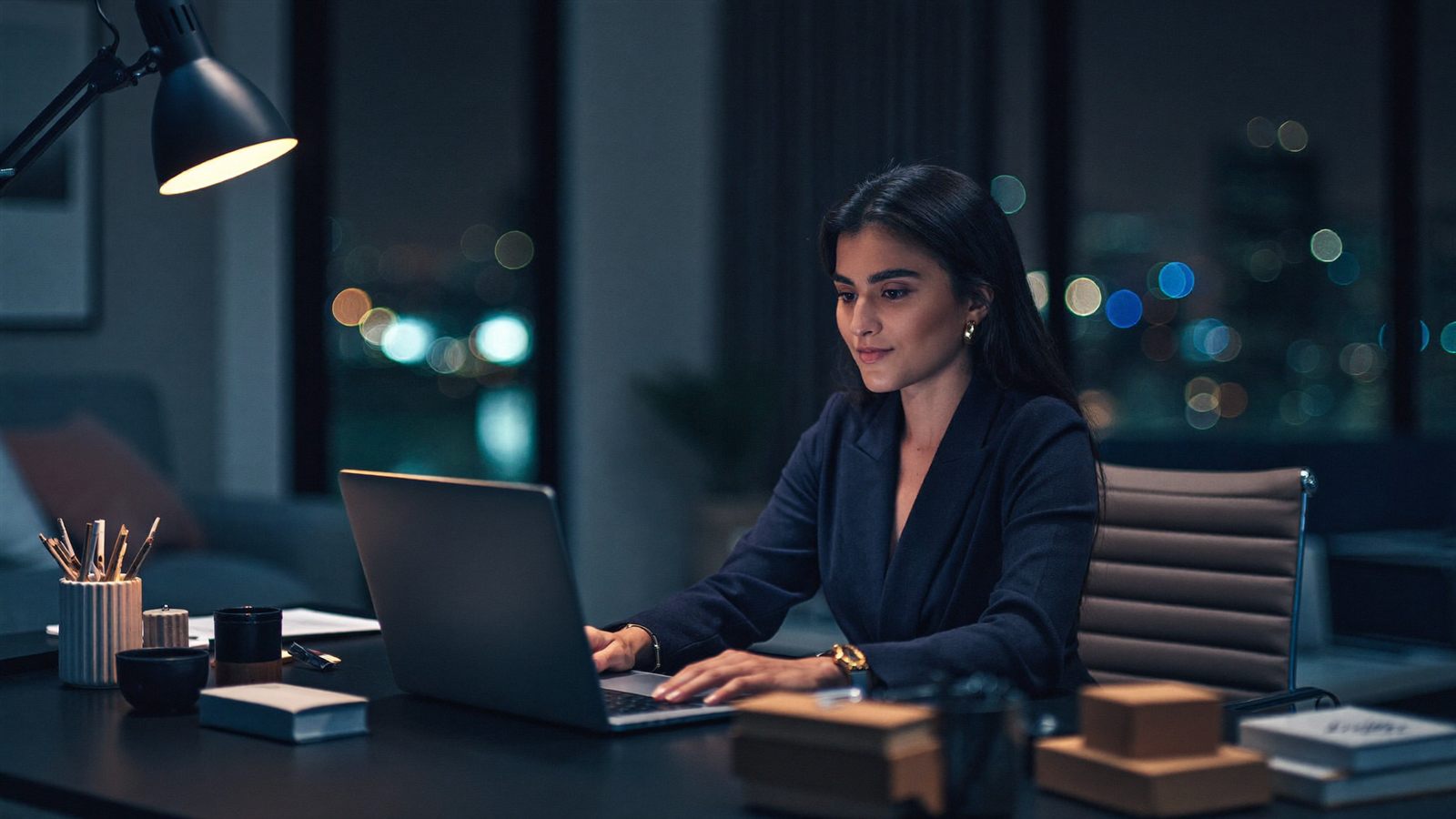 Person working focused on a laptop from a home office at night