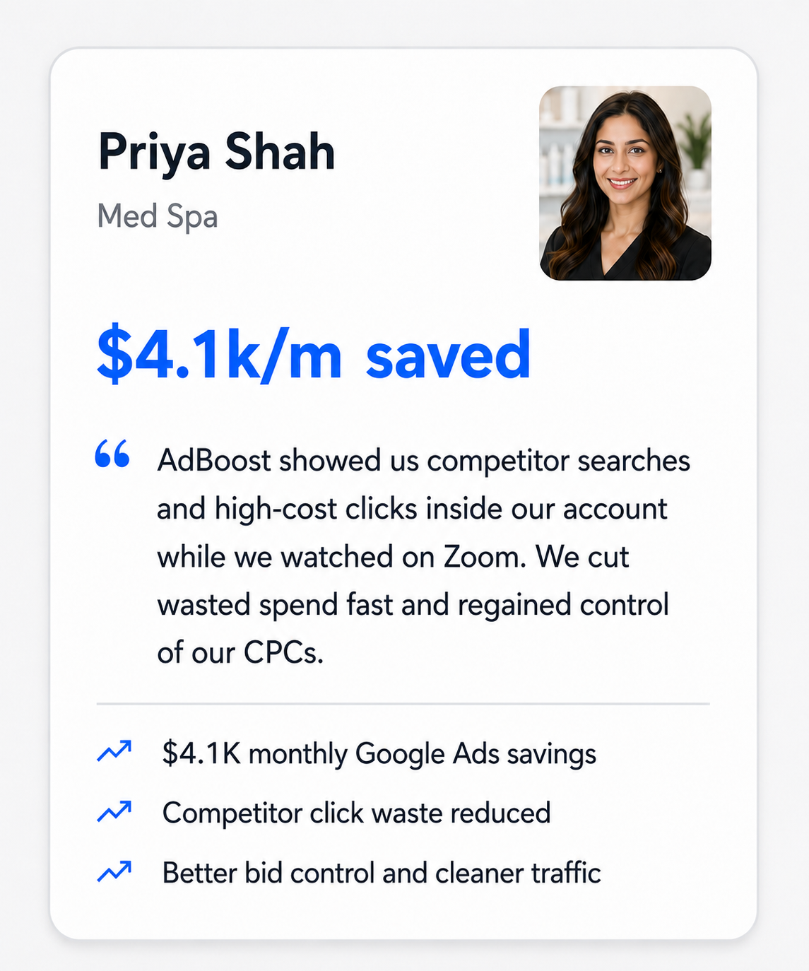 Illustrative Google Ads audit example for a med spa showing potential monthly savings