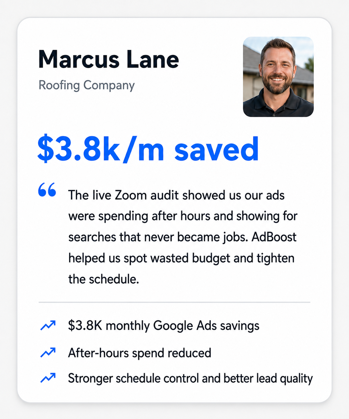 Illustrative Google Ads audit example for a roofing company showing potential monthly savings