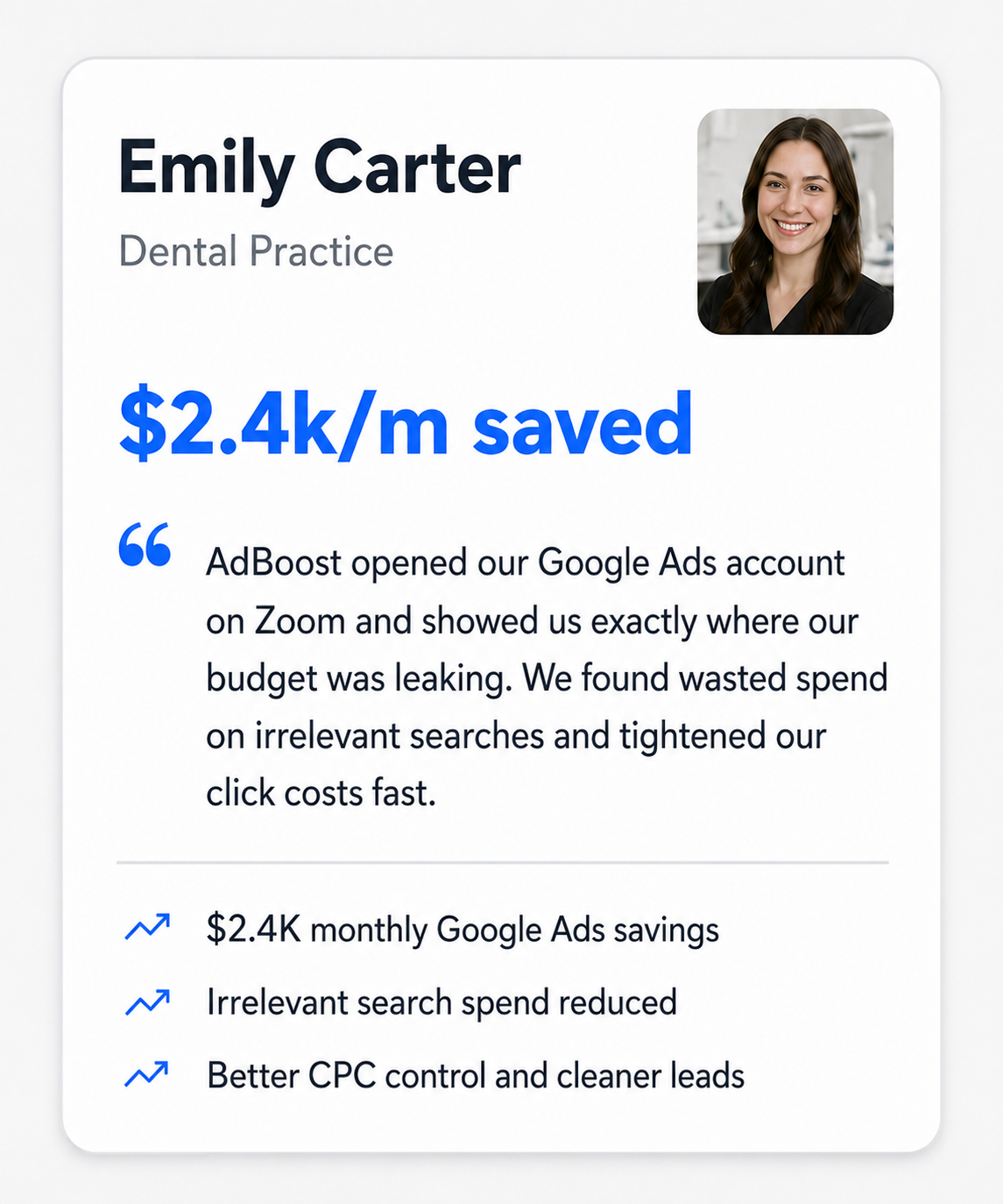 Illustrative Google Ads audit example for a dental practice showing potential monthly savings
