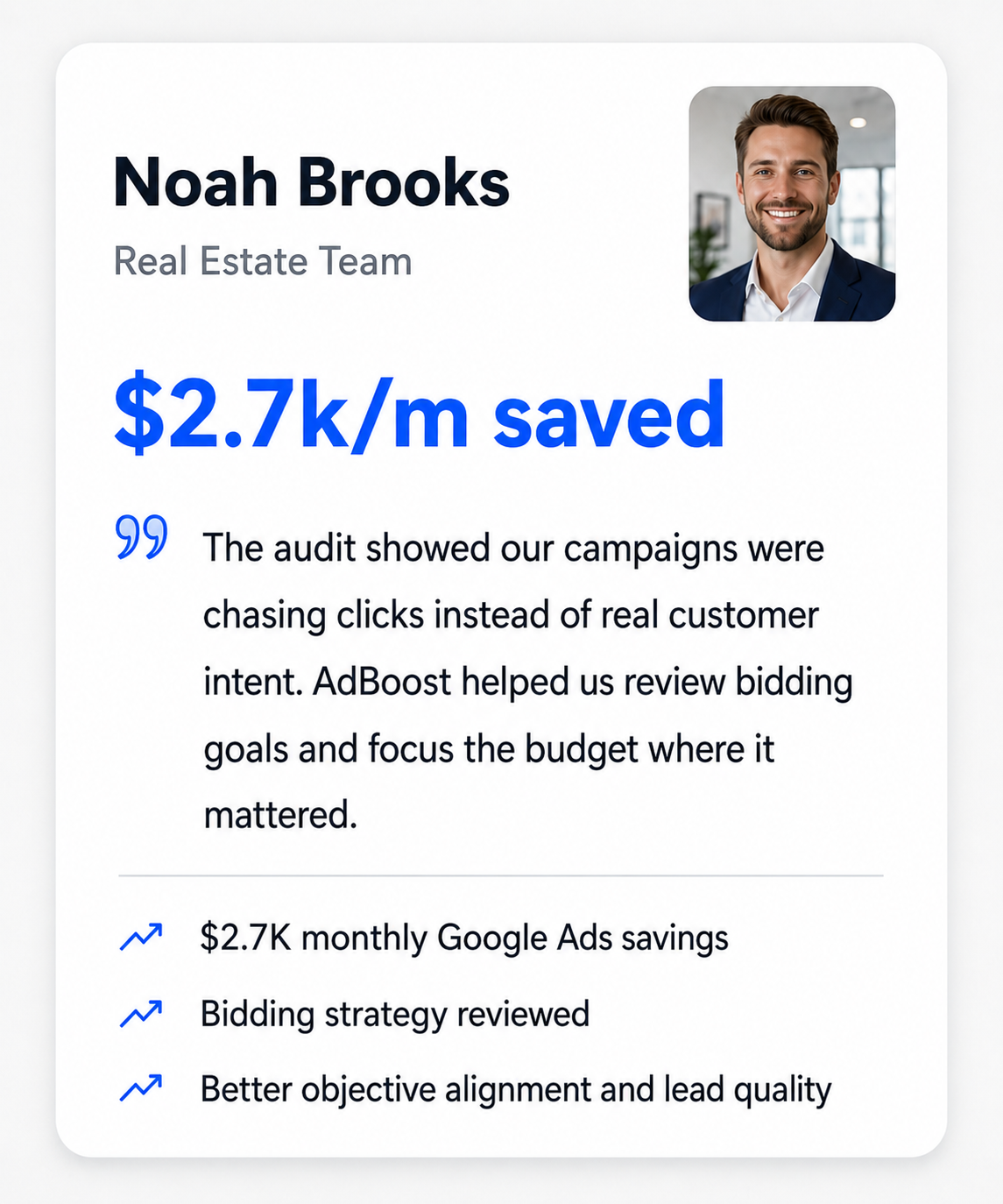Illustrative Google Ads audit example for a real estate team showing potential monthly savings