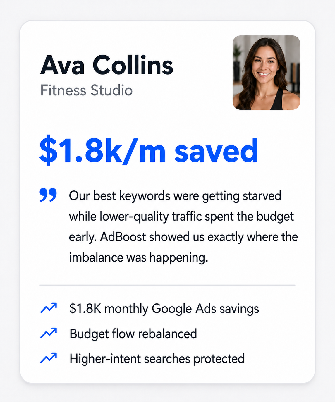 Illustrative Google Ads audit example for a fitness studio showing potential monthly savings