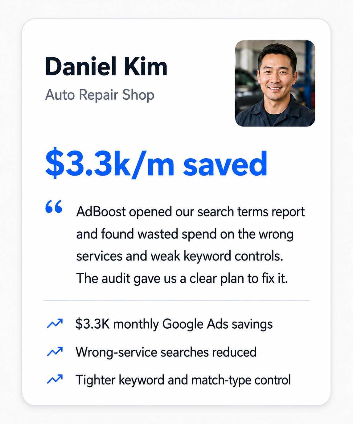 Illustrative Google Ads audit example for an auto repair shop showing potential monthly savings