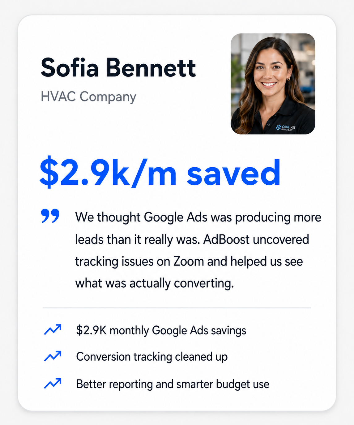 Illustrative Google Ads audit example for an HVAC company showing potential monthly savings