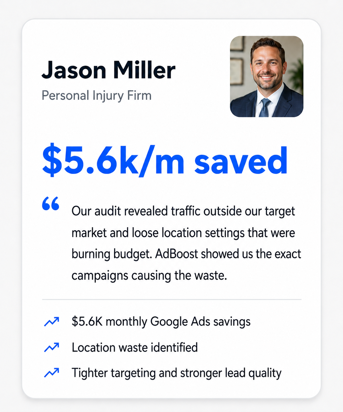 Illustrative Google Ads audit example for a personal injury firm showing potential monthly savings