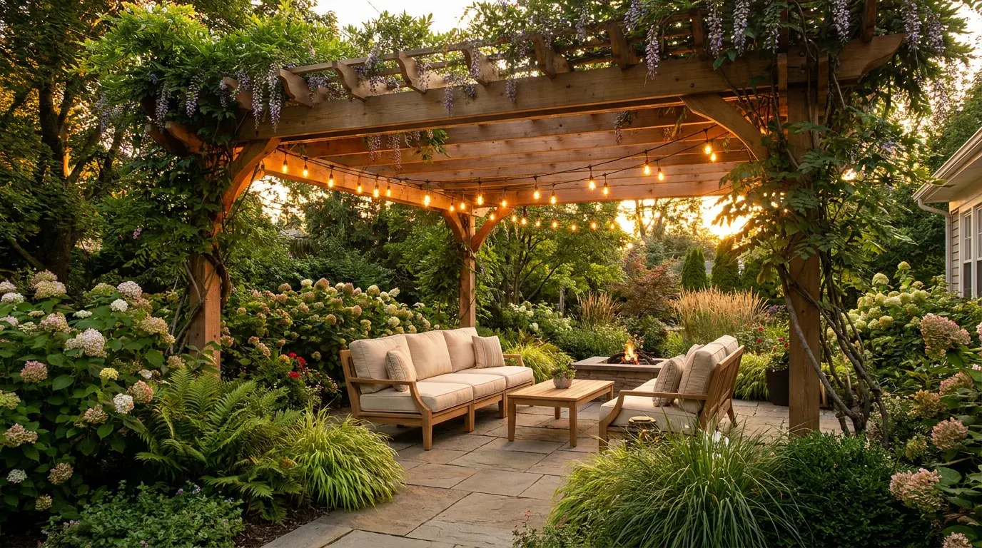 Wooden pergola style inspiration with string lights and wisteria over a stone patio