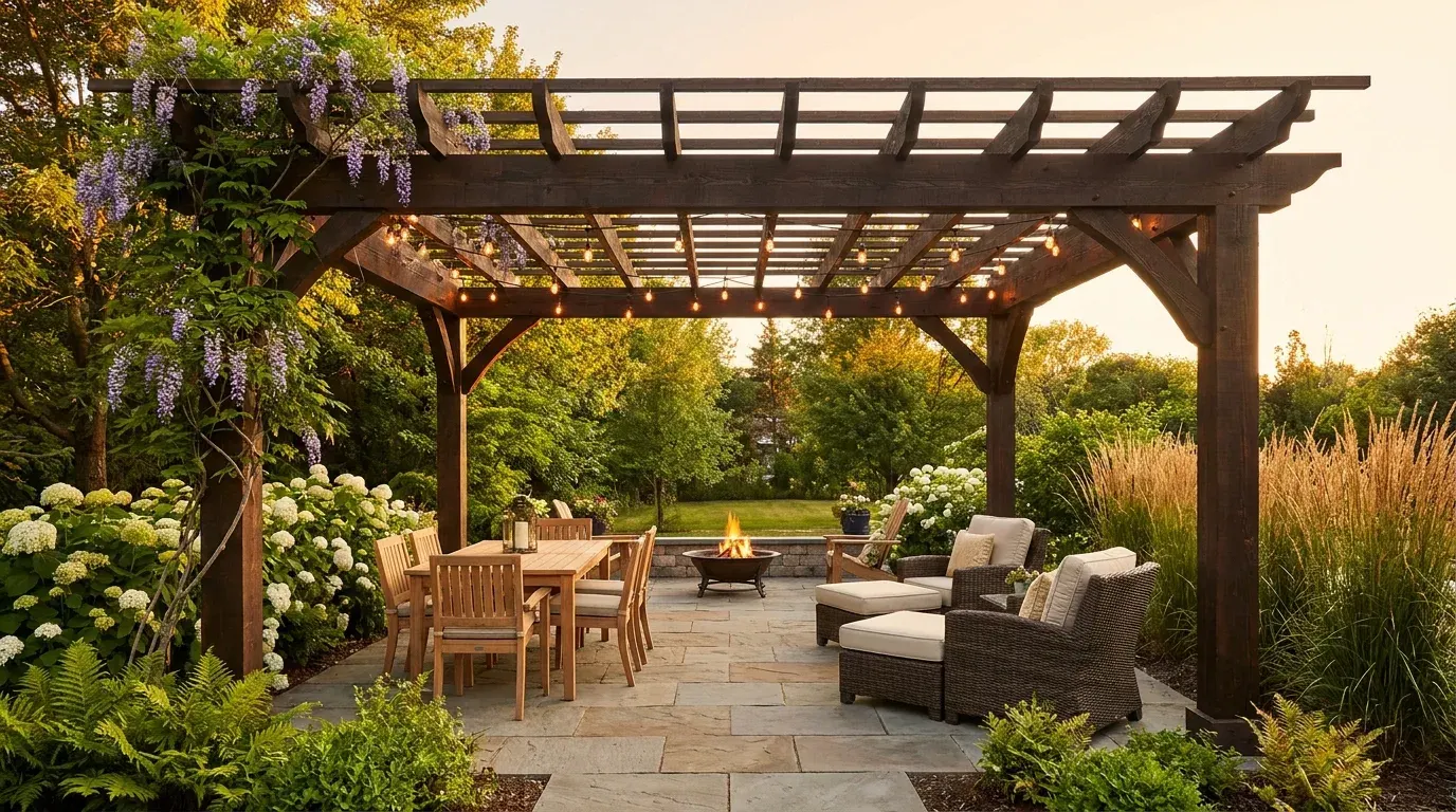 Dark wood pergola style inspiration over a stone patio with dining table and fire pit