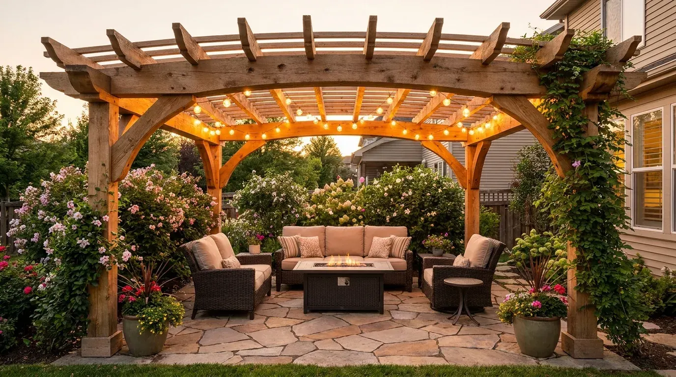 Arched wooden pergola style inspiration with roses over a stone patio