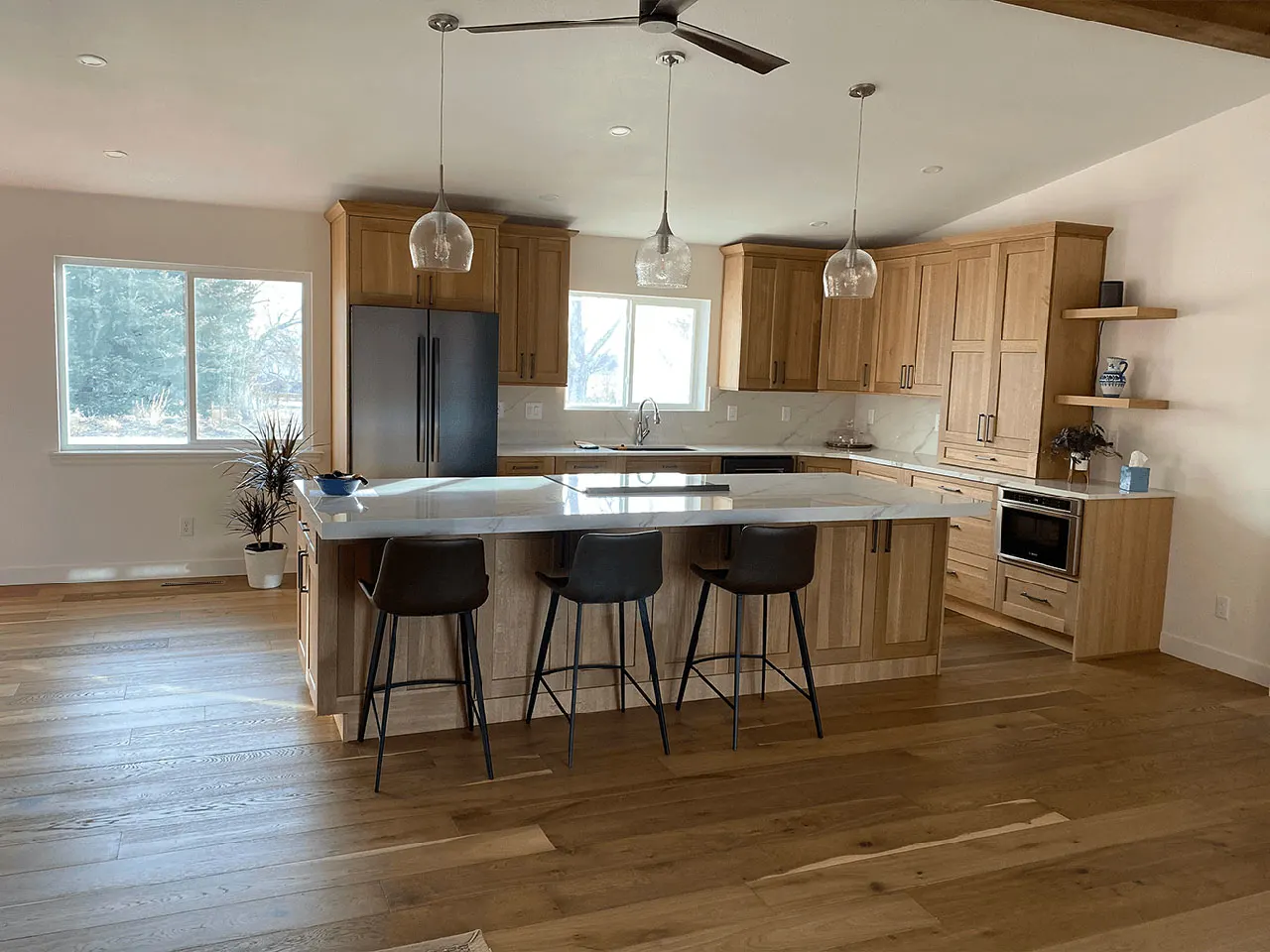 Living room remodel with open staircase