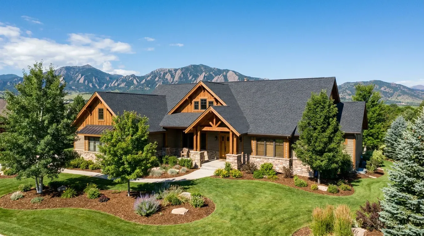 Suburban home with a new dark shingle roof and mountain backdrop
