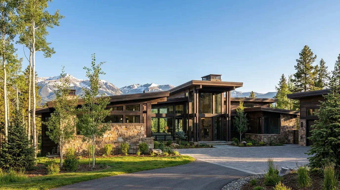 Modern mountain-style custom home exterior with dramatic snow-capped mountain backdrop