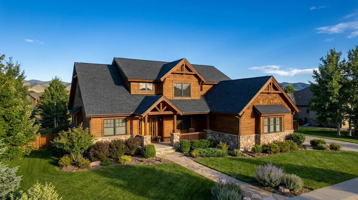 Craftsman-style home with a new dark shingle roof and mountain backdrop