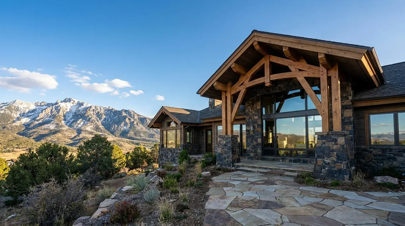 Luxury custom home exterior with mountain view at sunset, stone and timber accents