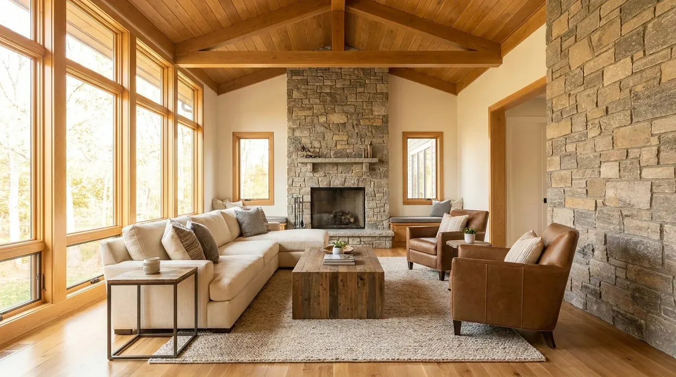 Bright family room addition with vaulted wood beam ceiling