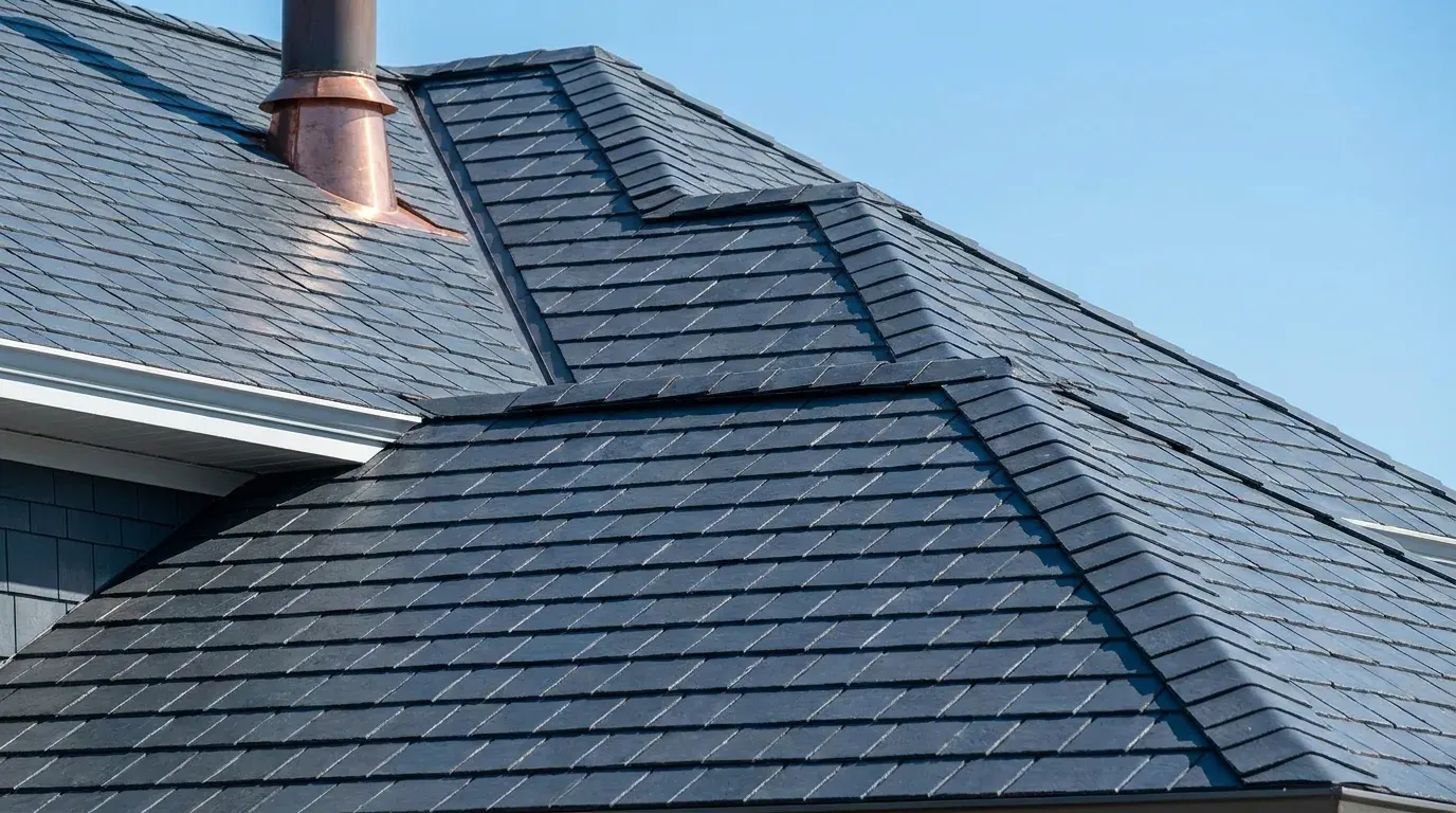 Close-up of new dark grey architectural shingles with a copper chimney cap detail