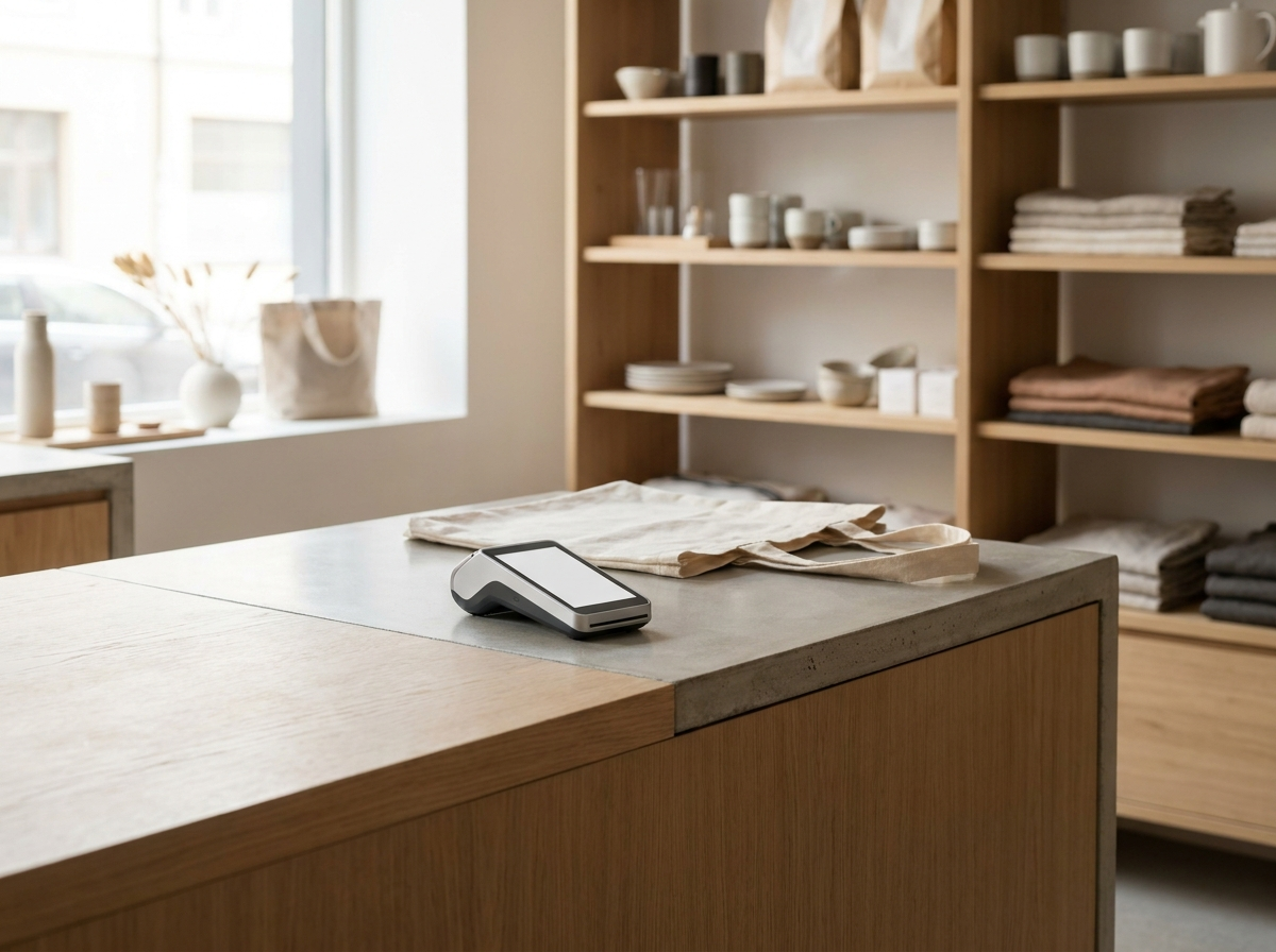 Retail store checkout counter with a payment terminal and folded merchandise on wooden shelving