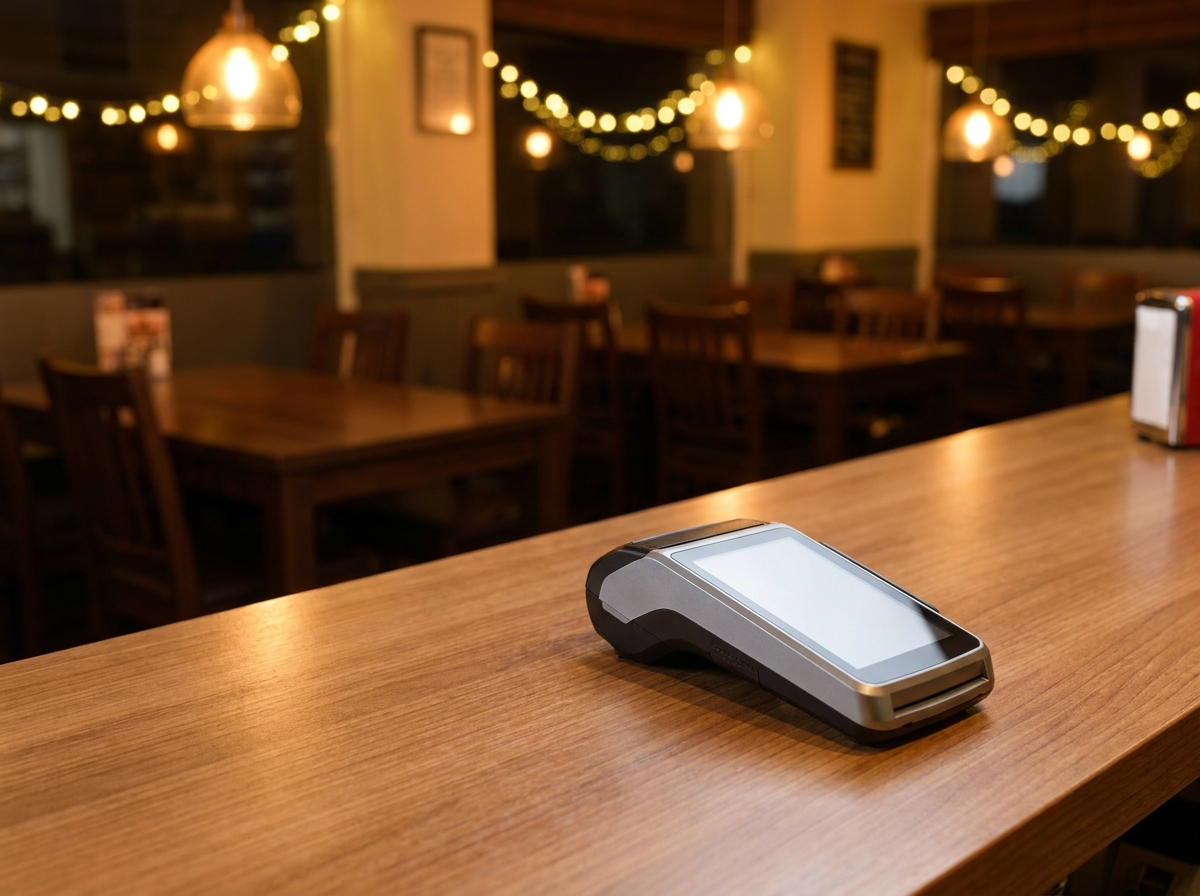 Restaurant counter with a payment terminal and dining tables softly lit in the background
