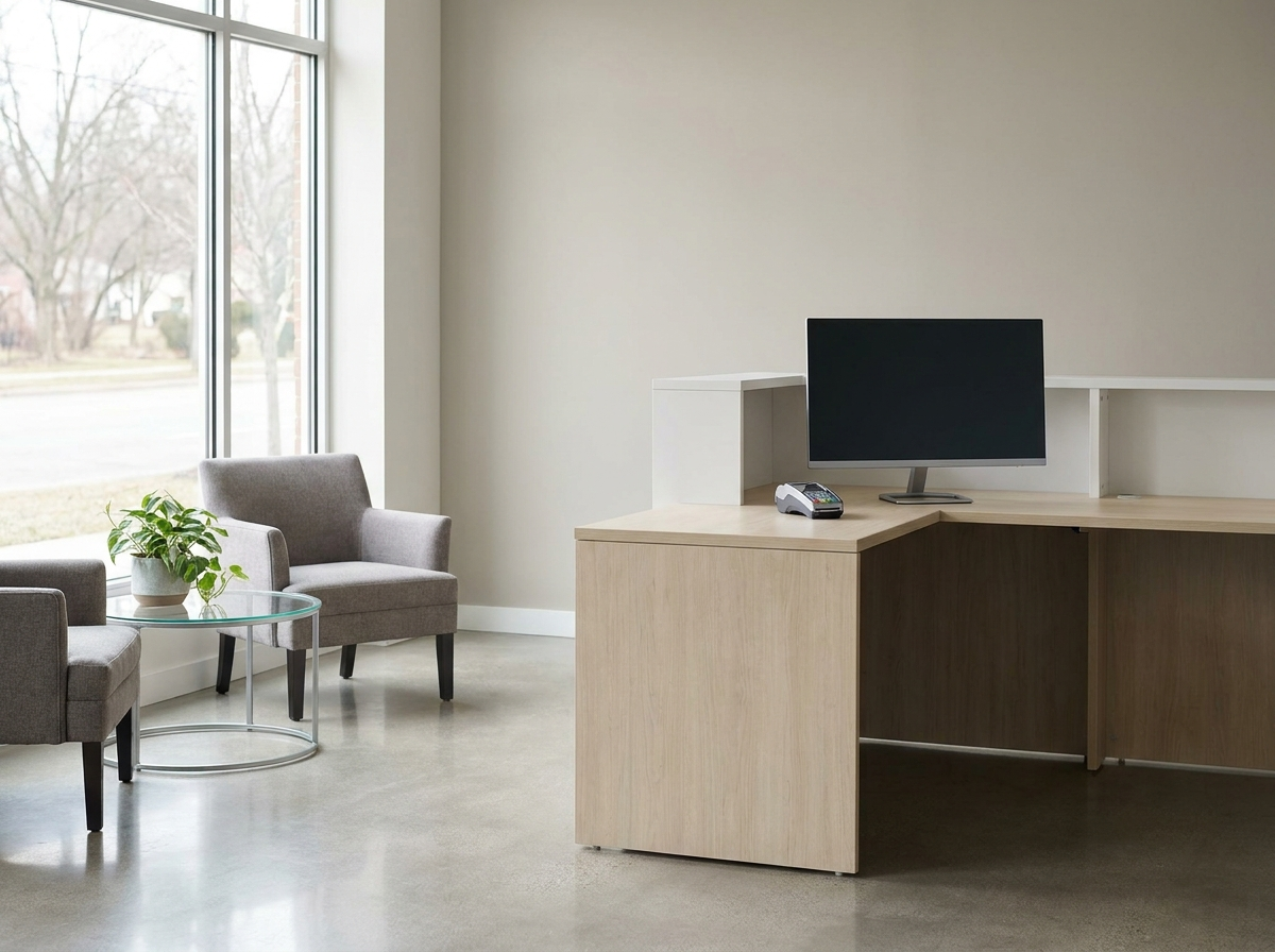 Professional office reception desk with a computer monitor and a payment terminal
