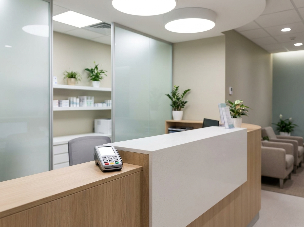 Healthcare clinic front-desk reception counter with a payment terminal