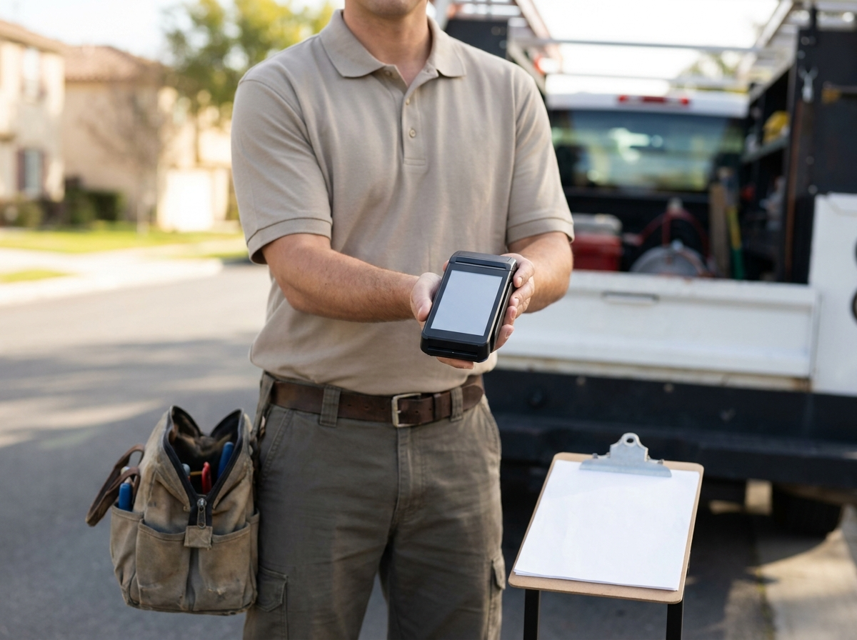 Mobile field service professional holding a handheld card payment reader beside a service truck