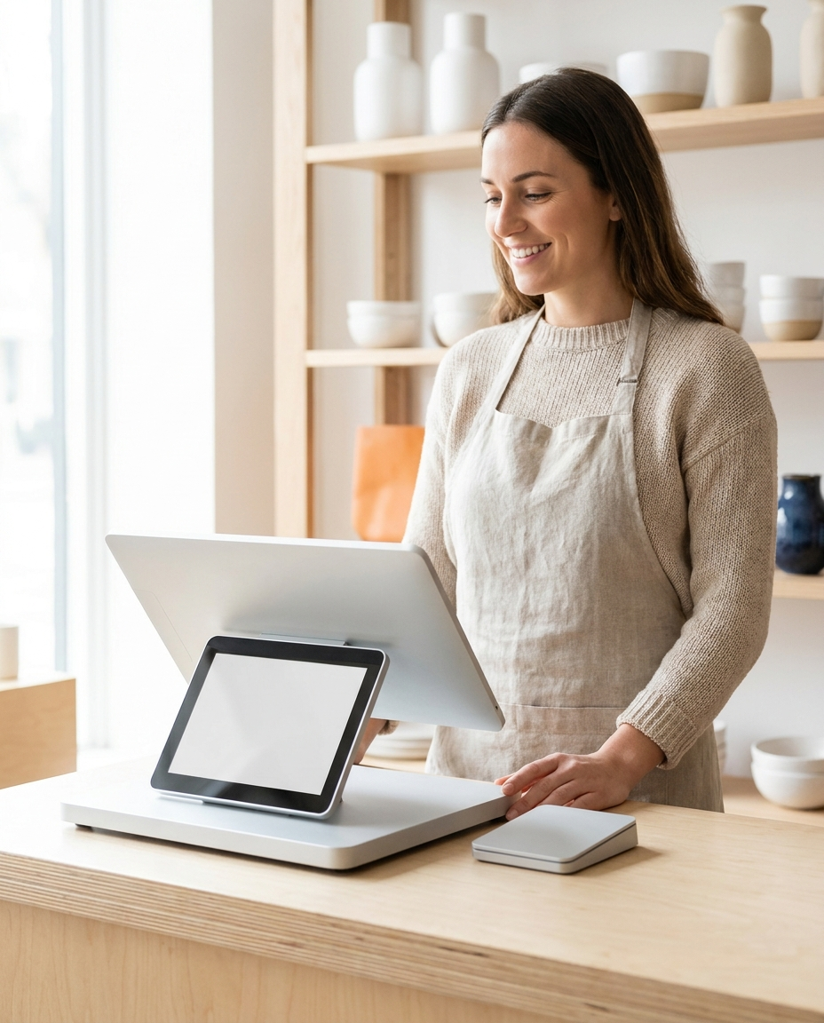 Business owner completing a sale on a modern point-of-sale terminal at a checkout counter