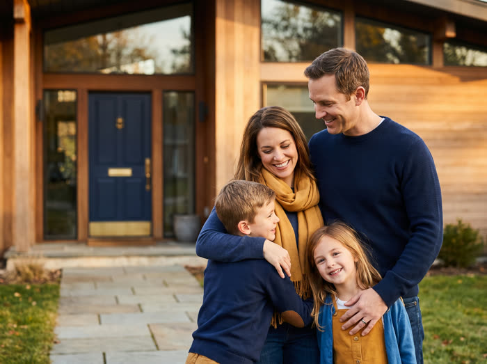 Family standing together in front of their home