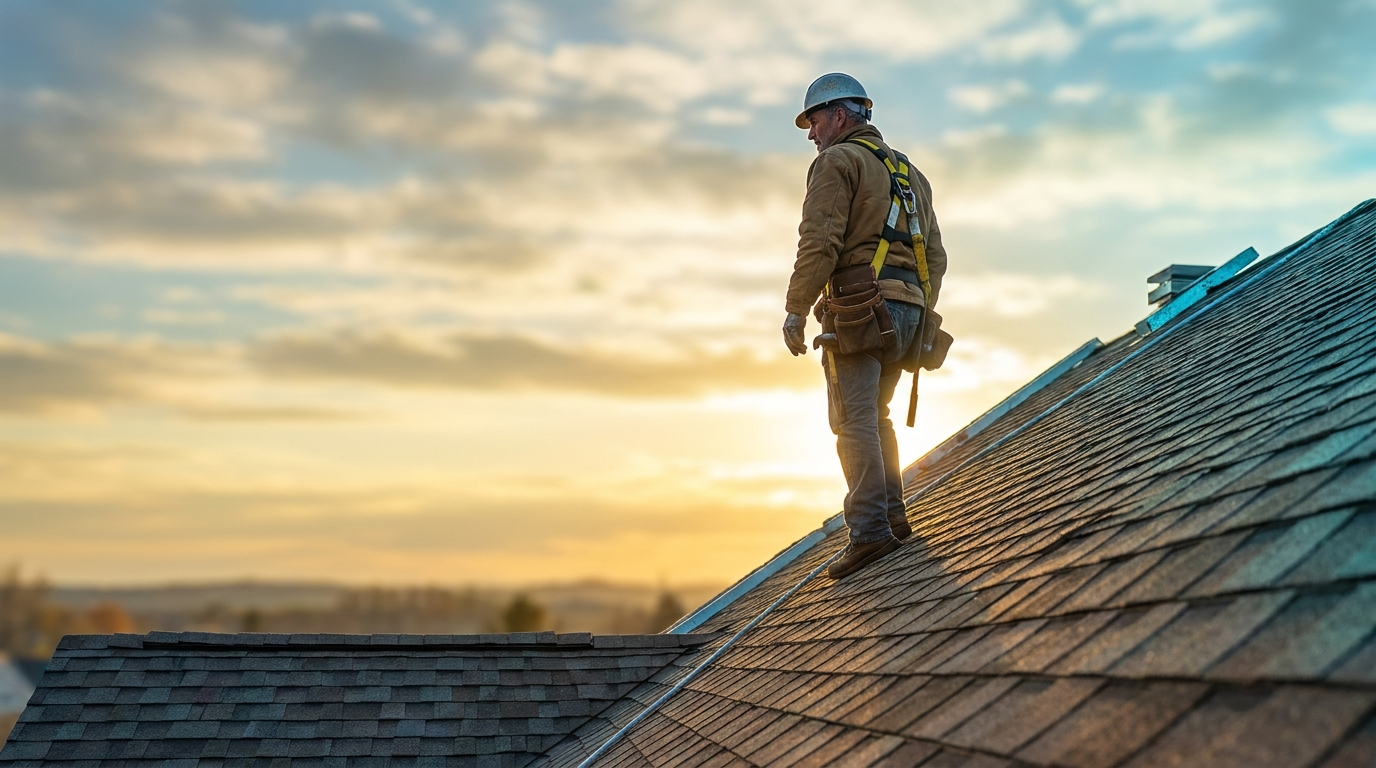 A local roofer standing at the peak of a residential roof at sunrise, looking out over the neighborhood