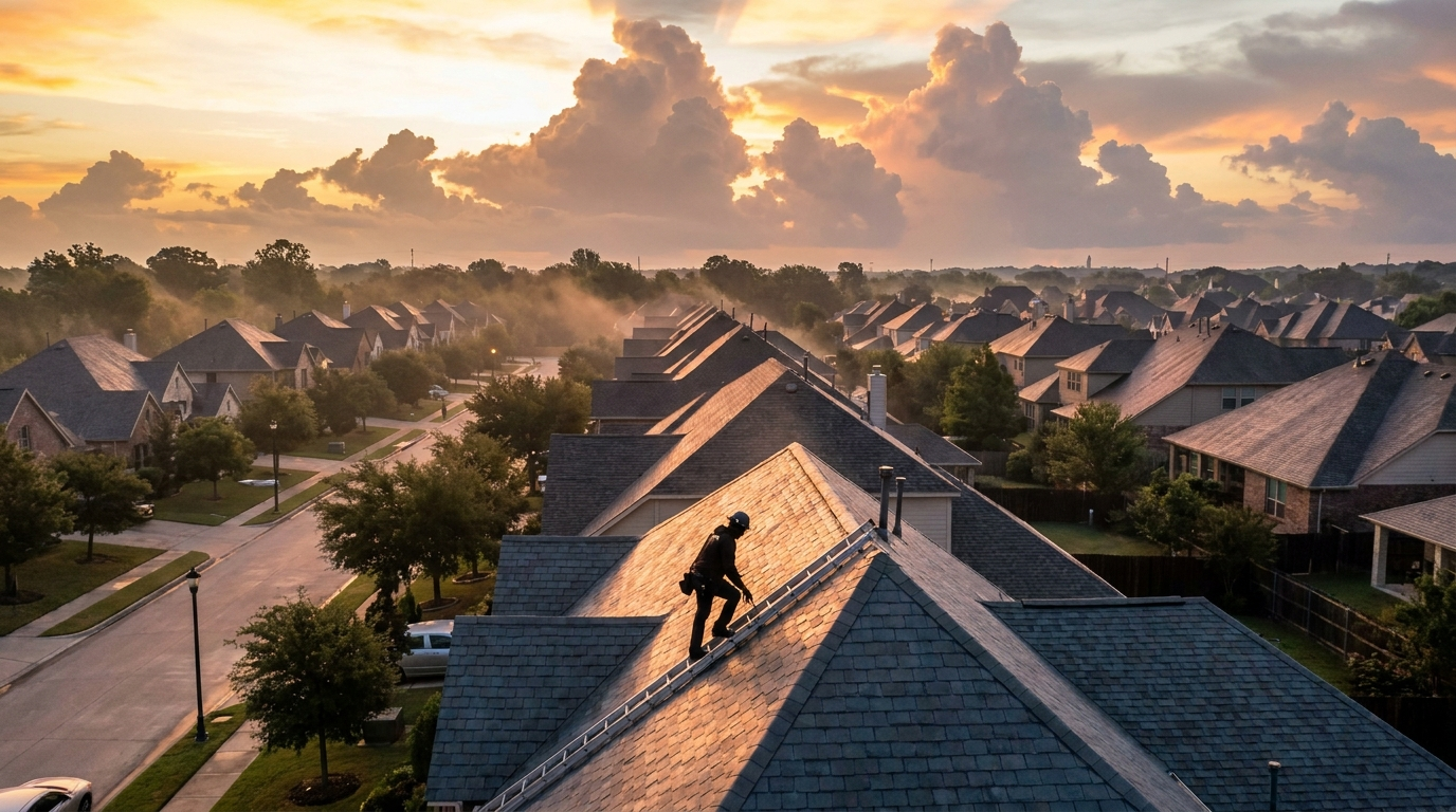 A roofer climbing a ladder toward a bright sunrise sky over a neighborhood rooftop