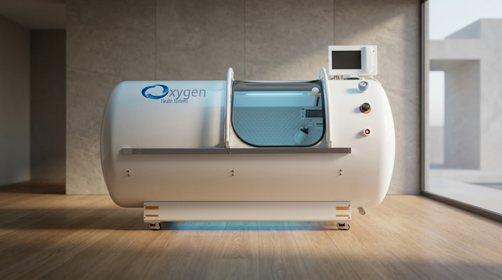 Premium hard-shell hyperbaric oxygen chamber installed in a modern home wellness room