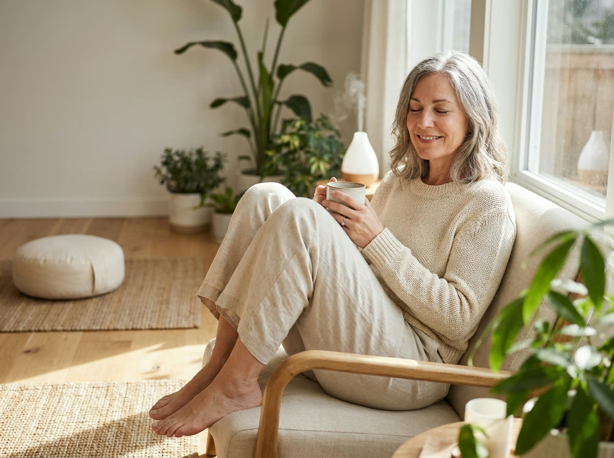 Adult relaxing at home as part of a personal wellness routine