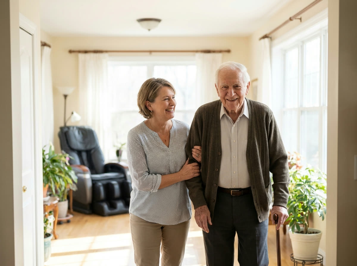 Adult caregiver supporting an older family member at home