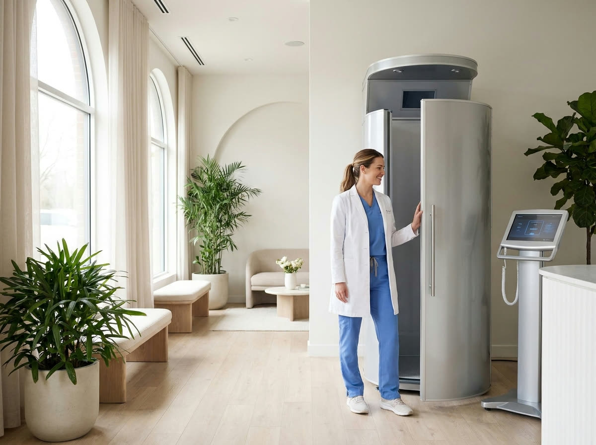 Wellness clinic staff member near a professional hyperbaric chamber
