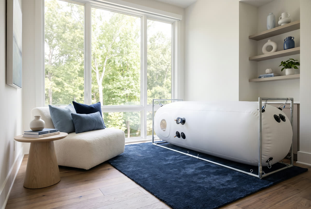 Home and portable hyperbaric chamber installed in a bright Atlanta-area home wellness room