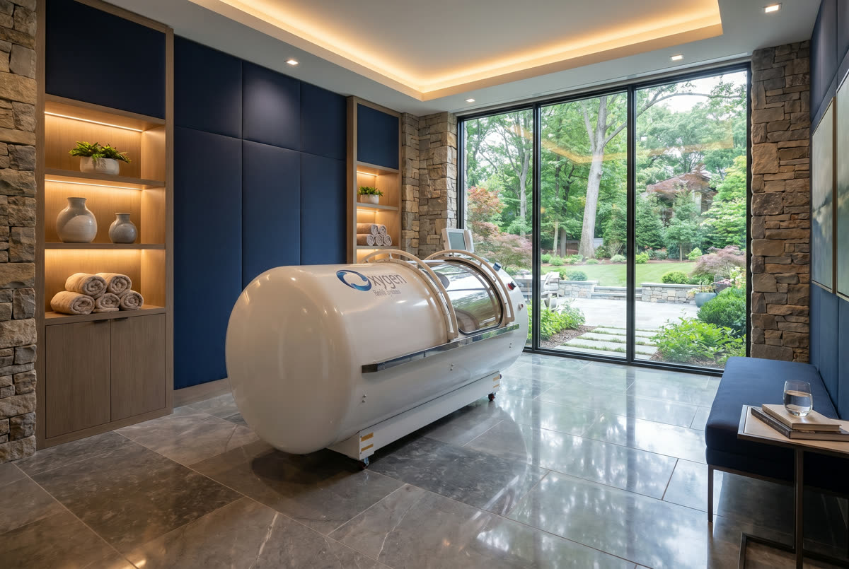 Premium hard-shell hyperbaric chamber installed in a dedicated Atlanta-area home wellness room