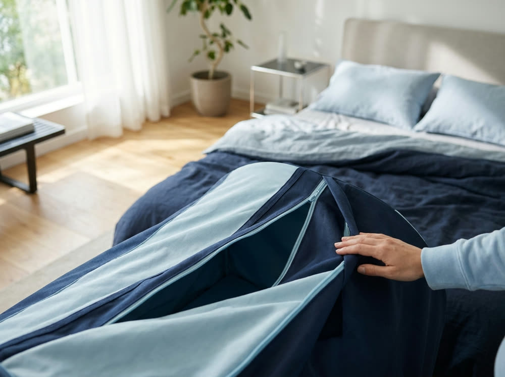 Soft-shell hyperbaric chamber opened for easy lying-down entry in a home bedroom