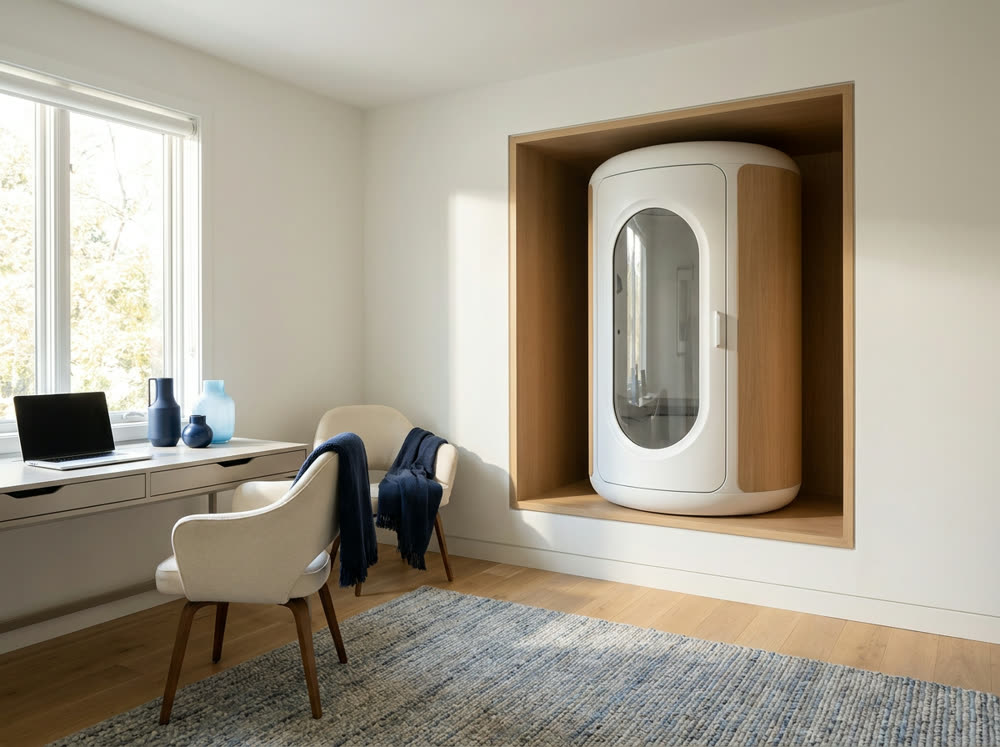 Compact home hyperbaric chamber fitted into a small room nook