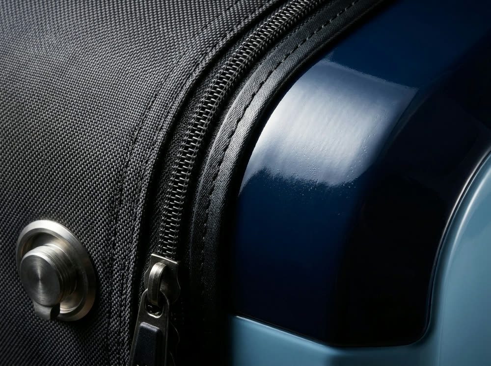 Close-up of soft-shell fabric and hard-shell chamber materials