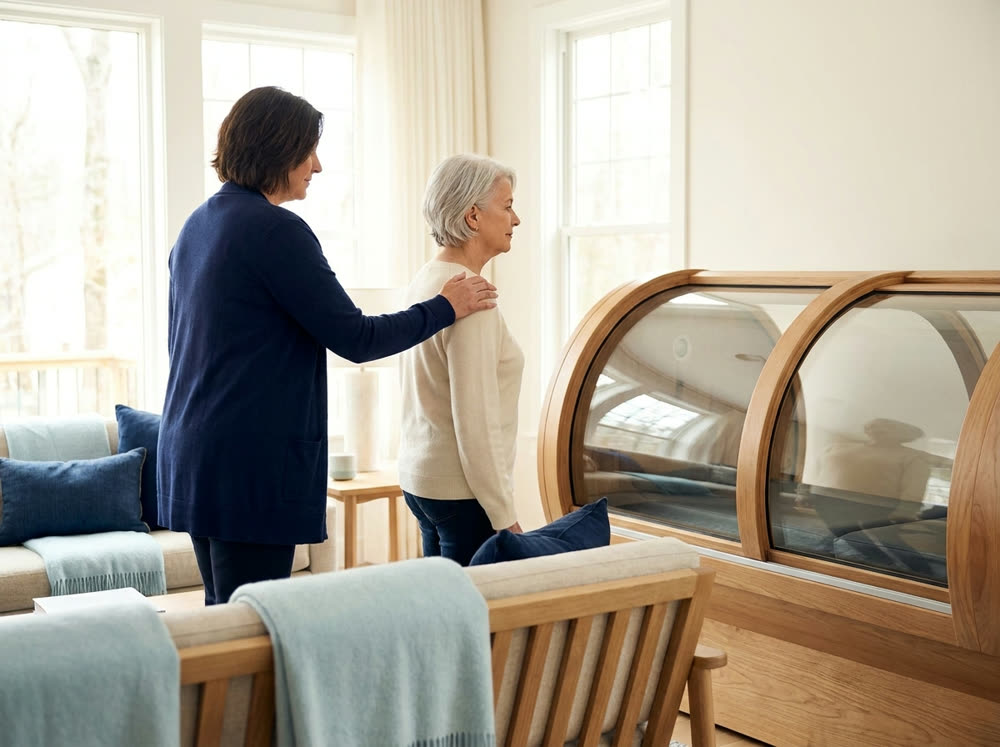 Caregiver assisting a family member near a spacious home hyperbaric chamber