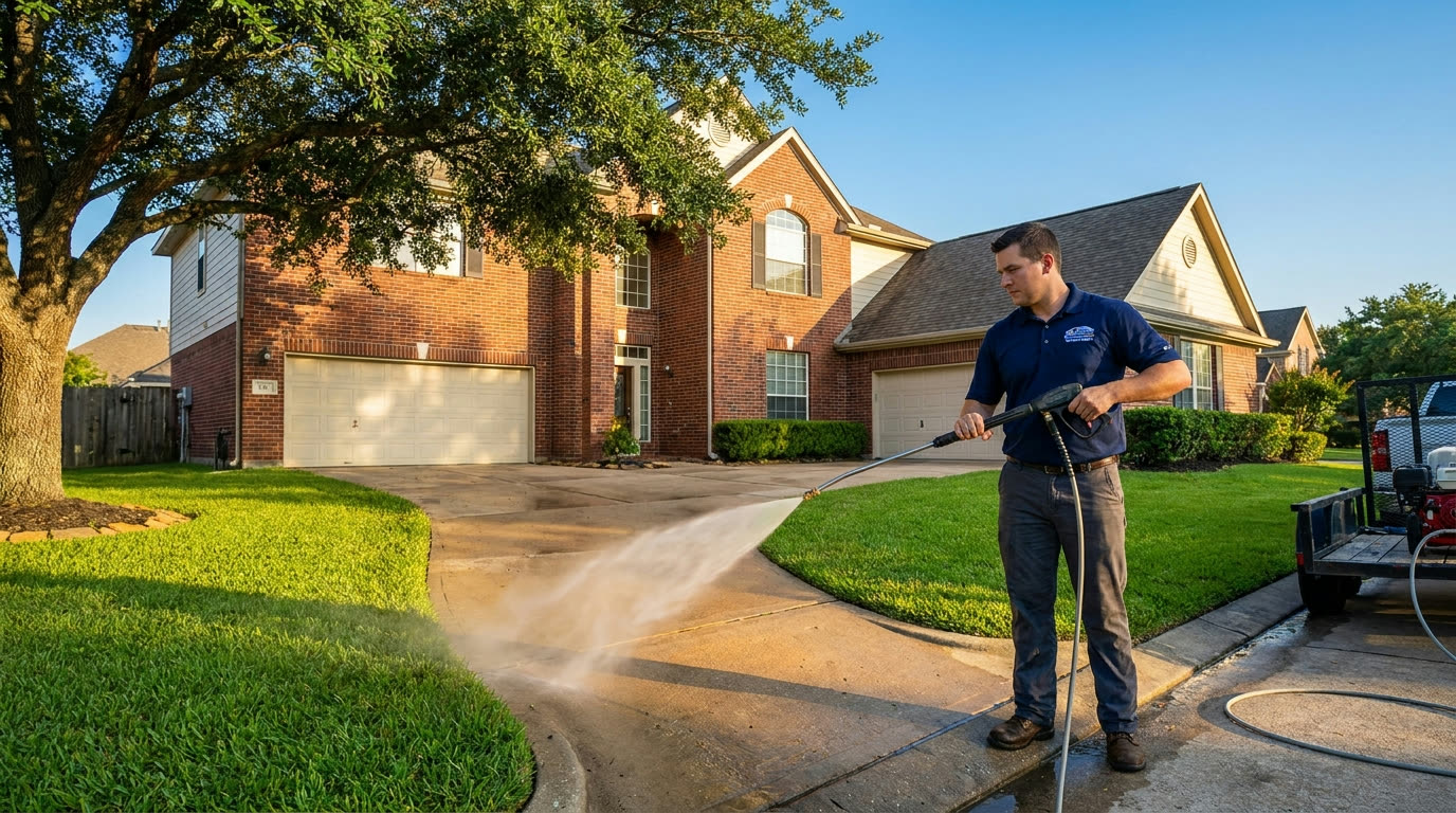 H2O Prime technician pressure washing a driveway in front of a Houston home