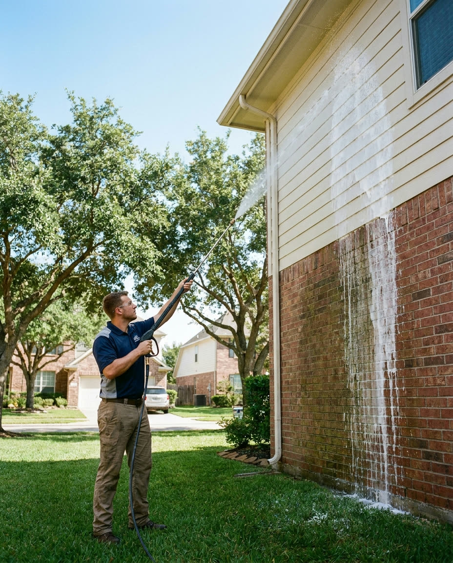 H2O Prime technician soft-washing brick and siding on a Houston home exterior