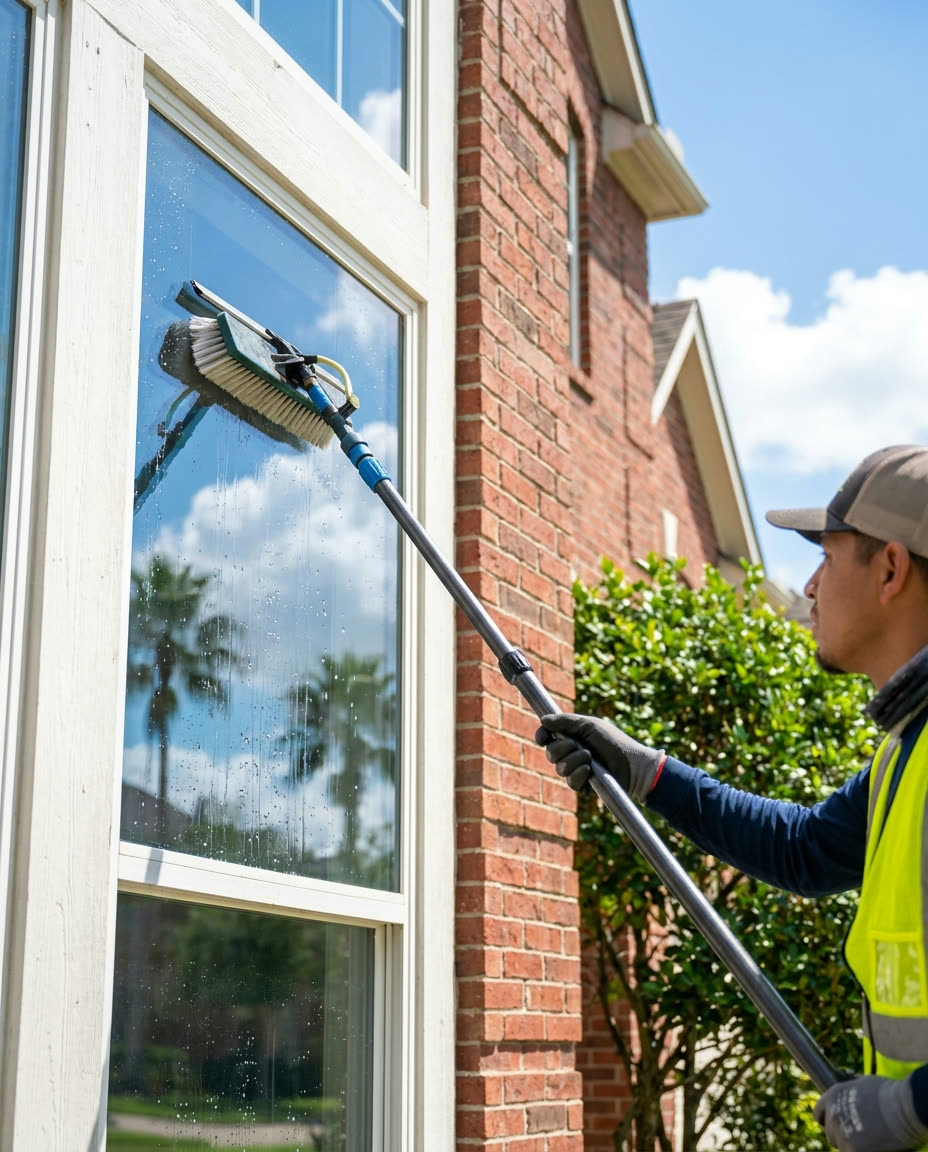 Professional exterior window cleaning on a Houston home