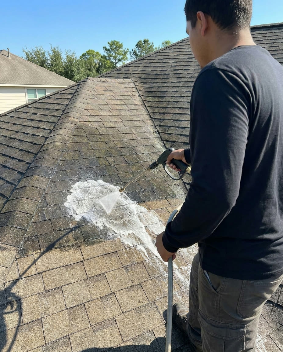 Soft-wash roof cleaning treatment removing black streaks and algae from a Houston home's asphalt shingle roof