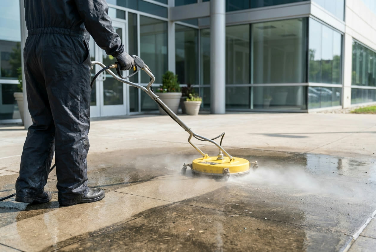 Commercial exterior and sidewalk pressure washing at a Houston office or retail property using a surface cleaner attachment