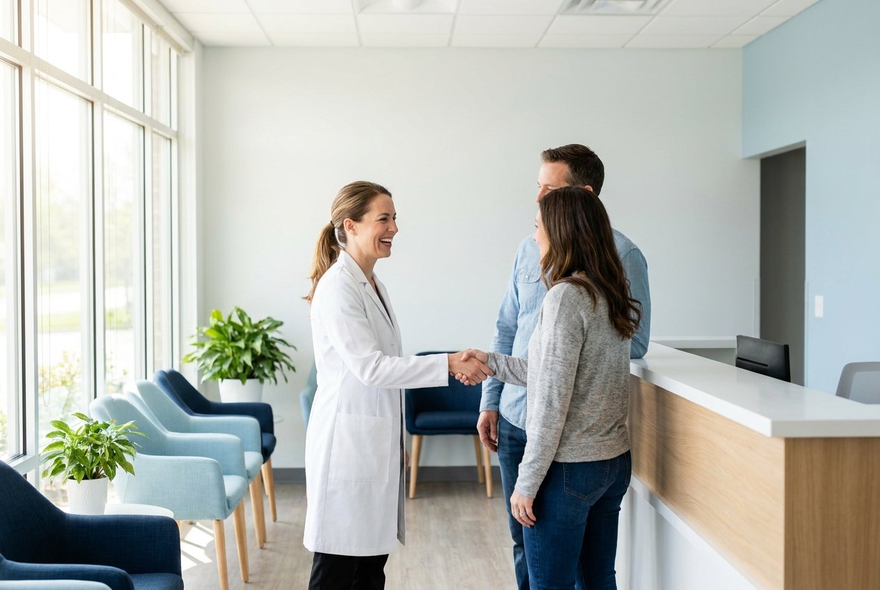 A physician welcoming a mother and daughter at Millennium Medical Care