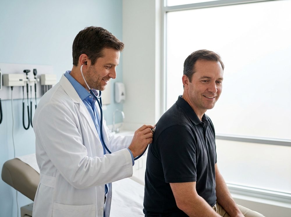 Clinician examining a patient in an exam room